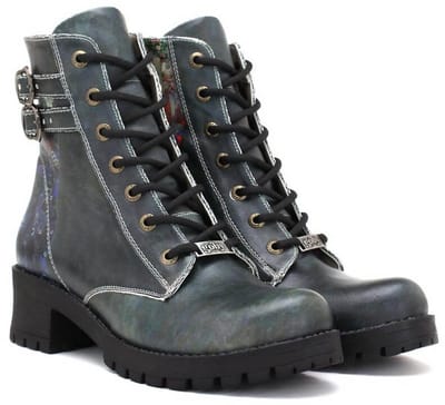 Goby - Vintage Vibe Dames Enkellaarzen - Vegan Leer - Handgemaakt - Gespen en Blauw-Groene Afwerking - Maat 37