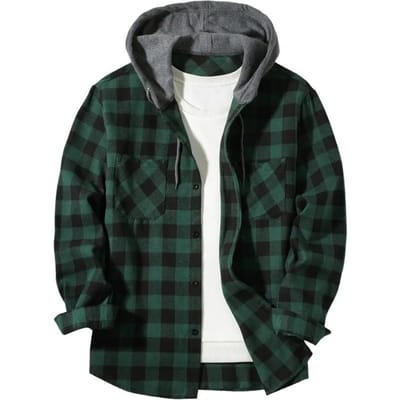 Automne Printemps Chemise Homme à Capuche Cordon de Serrage Manches Longues Blocs de Couleurs Imprimé Plaid Boutonnage Simple Vêtement Quotidien École Maison Chemise Manteau M black