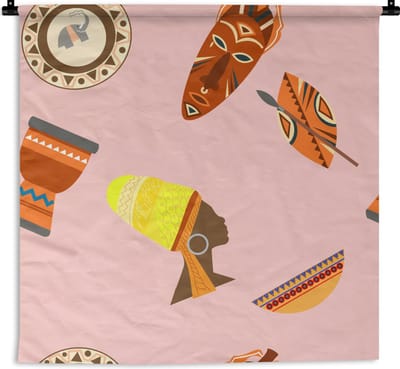 Wandkleed - Wanddoek - Afrika - Djembé - Patronen - Afrikaanse maskers - 90x90 cm - Wandtapijt