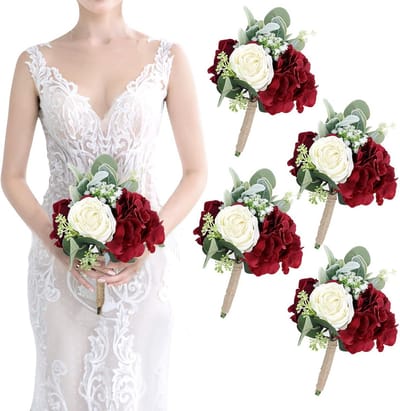 Set van 4 Bruidsmeisjes Boeketten Bordeaux Rood - Zijde Bruiloft Bloemen voor Ceremonie of Decoratie