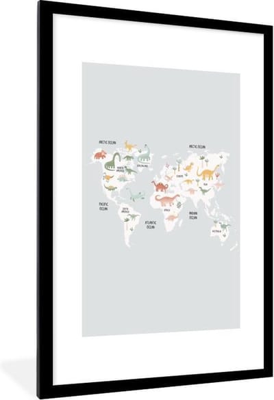 Poster in lijst - Fotolijst 60x90 cm - Posters - Wereldkaart - Kind - Dino - Posterlijst zwart - Decoratie - Wanddecoratie woonkamer - Muurdecoratie slaapkamer
