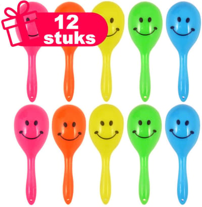 Henbrandt - 12 Stuks Mini Samba Ballen (Maracas) met Vrolijke Smiley Gezichten - 7cm -Traktatie uitdeelcadeautjes voor kinderen & peuters - Traktaties en kinderverjaardagen - Klein grabbelton speelgoed voor in traktatie uitdeelzakjes
