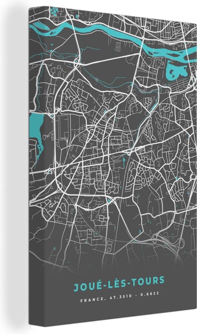 Canvas Schilderij Joué-lès-Tours - Frankrijk - Plattegrond - Kaart - Stadskaart - 20x30 cm - Wanddecoratie