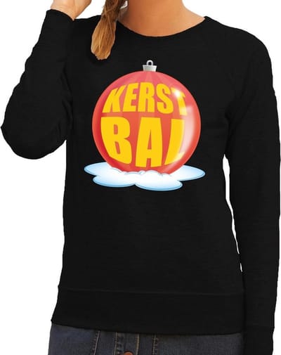 Foute kersttrui kerstbal rood op zwarte sweater voor dames - kersttruien XS