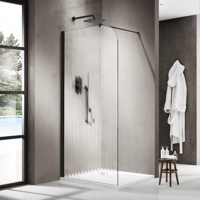 FugaFlow Eccelente Vetro Inloopdouche - 100x200cm - afgeronde glaswand - links - ribbel glas - wandarm - mat zwart