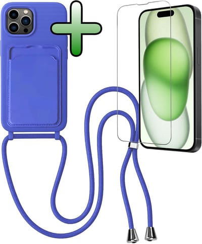 Hoes Geschikt voor iPhone 14 Pro Hoesje Pas Houder Case Hoes Met Koord Met Screenprotector - Hoesje Geschikt voor iPhone 14 Pro Hoes Met Telefoonkoord Pasjeshouder Cover - Felblauw