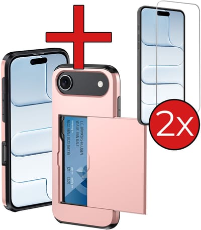 Hoesje Geschikt voor iPhone Air Hoesje Met Pasjeshouder Hard Case Met Kaarthouder Met 2x Screenprotector - Hoes Geschikt voor iPhone Air Hoesje Pashouder Case - Rosé goud