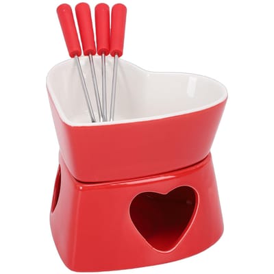 Ensemble de Tasses à Fondue au Chocolat en Forme de Cœur Céramique Sucrée Tasse à Fondue avec Fourchettes et Bougie Rouge Blanc 350ml