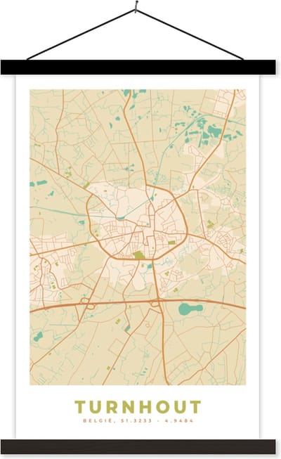 Posterhanger incl. Poster 40x60 cm - Schoolplaat - Vintage - Plattegrond - Stadskaart - Turnhout - Kaart - Textielposter - Zwarte latten - Stadskaart