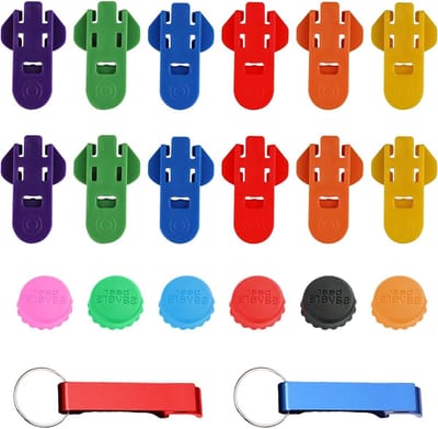 Set van 20 Keukenhulpen: 12 Latte Opener in 6 Kleuren + 2 Sleutelhanger Flessenopeners + 6 Bierdoppen voor Thuisgebruik