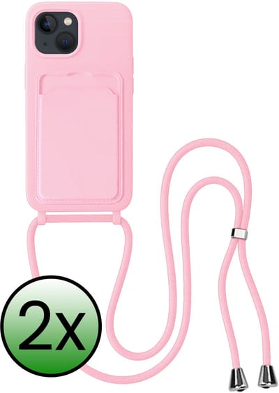 Hoes Geschikt voor iPhone 13 Hoesje Pas Houder Case Hoes Met Koord - Hoesje Geschikt voor iPhone 13 Hoes Met Telefoonkoord Pasjeshouder Cover - Lichtroze - 2 Stuks