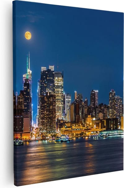 Artaza Canvas Schilderij New York Skyline - 80x100 cm - Groot - Wanddecoratie Nachtstad - Muurdecoratie Volle Maan - Schilderijen Op Canvas