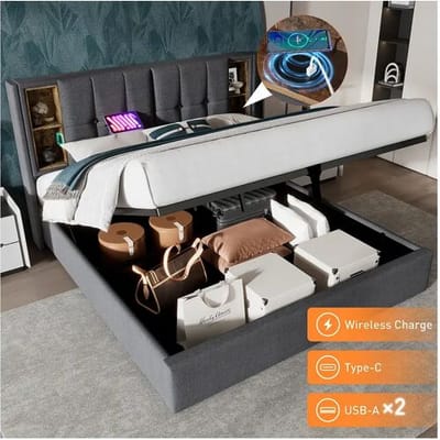 Merax Opbergbed 140 x 200 cm met opberghoofdeinde - USB- en Type C-aansluitingen - Katoenen stof - Grijze kleur