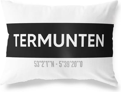 Tuinkussen TERMUNTEN - GRONINGEN met coördinaten - Buitenkussen - Bootkussen - Weerbestendig - Jouw Plaats - Studio216 - Modern - Zwart-Wit - 50x30cm