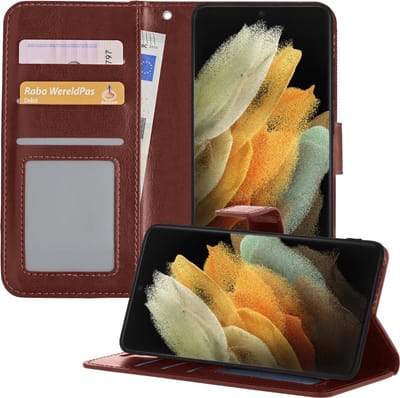 Hoesje - Met Pasjeshouder - Geschikt voor Samsung Galaxy S21 Ultra - Luxe Bookcase Portemonee - Flip Case - Kunstleer Book Case - Flipcase - Book Cover - Walletcase - Portemonneehoes - Telefoonhoesjes - Bruin