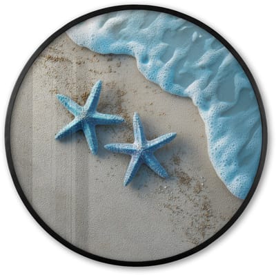 Poster in lijst Rond - Fotolijst 60x60 cm - Posters - Zeesterren - Zand - Zee - Blauw - Ronde posterlijst zwart - Decoratie - Wanddecoratie woonkamer - Muurdecoratie slaapkamer