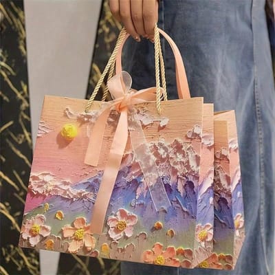 1 st Romantische Wolken, Bergen, Bloemenpatroon 3D Cadeauzak, Roze, Verjaardagsfeest Vakantie Thanksgiving Cadeauzak, Verjaardagscadeau Verpakking Tote 15*8*13cm roze