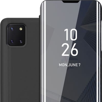 Cadorabo Hoesje geschikt voor Samsung Galaxy A81 / NOTE 10 LITE / M60s in TOERMALIJN ZWART - Clear View Spiegel Beschermende Case met Tribunefunctie 360 Graden Bescherming Book Case Cover Etui