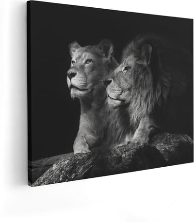 Artaza Canvas Schilderij Leeuw En Leeuwin - 100x80 cm - Groot - Wanddecoratie Dieren - Muurdecoratie Zwart Wit - Schilderijen Op Canvas