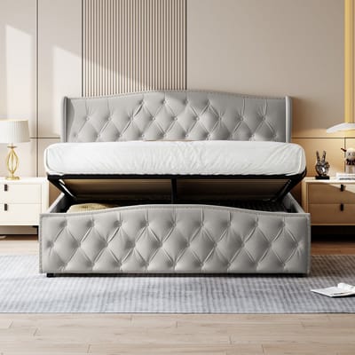 Luxe Grijs Fluwelen Tweepersoonsbed 140x200 cm met Hydraulisch Opbergsysteem – Comfortabel Dubbelbed met Opbergruimte voor Slaapkamer