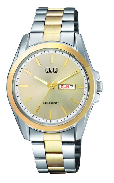 Q&Q A05A-001PY- Analoog - Heren - Stalen band - Rond - Metaal - Zilverkleurig - Goudkleurig