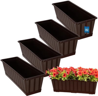 KOTARBAU® 4 st Balkonbak, Bloembak voor Balkon, Kunststof, 50 x 18 x 14 cm, Plantenbak, Bruin, Plantenbak Balkon, met Schotel, Rechthoekig