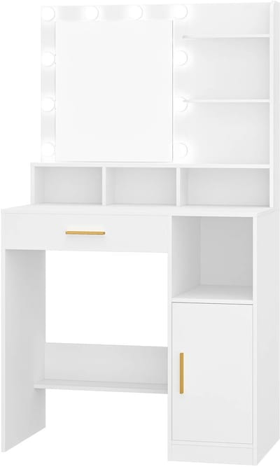 Kaptafel - Make up Tafel met Spiegel - Kaptafel met Verlichting - Make Up Tafel - 10 LED Lichten - Wit - 40 × 80 × 140 cm