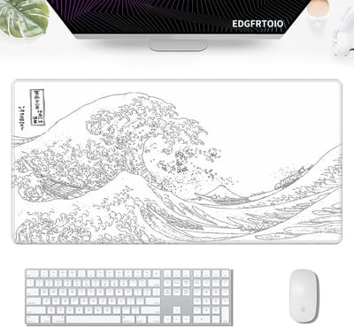 Grote Zwart-Witte XL Muismat 80x40cm - Bureauonderlegger met Japanse Golf Print, Antislip Gaming & Kantoor