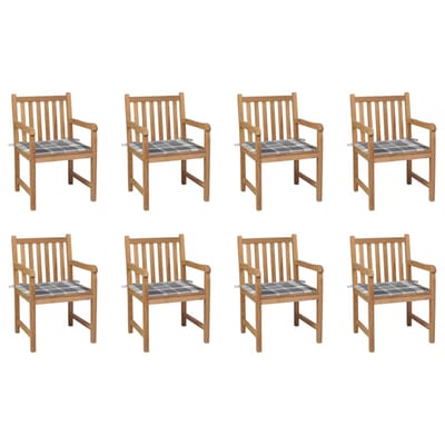 vidaXL - Tuinstoelen - 8 - st - met - grijs - geruite - kussens - massief - teakhout