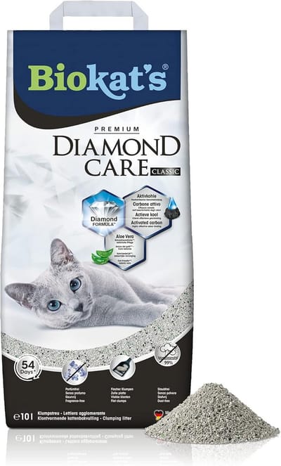 Biokat's Diamond Care Classic, Odourless - Fine Cat Litter with Activated Carbon and Aloe Vera - 1 Bag (1 x 10L)