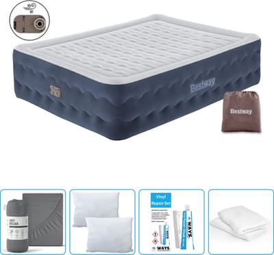 Bestway luchtbed - 2-Persoons - 152 x 203 x 51 cm - Blauw - Inclusief pomp - Hoeslaken - Kussen - Kussenbeschermer en Reparatieset