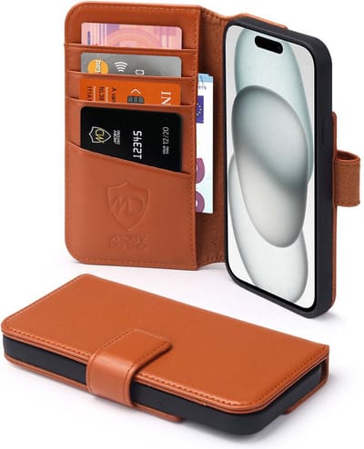 MobyDefend Hoesje - Geschikt voor iPhone 15 - Luxe Leren Wallet Bookcase - Lichtbruin