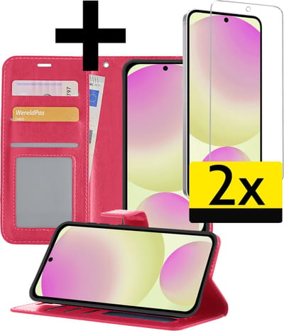 Hoesje - Met 2x Screenprotector - Geschikt voor Samsung Galaxy S24 FE - Luxe Pasjeshouder - Bookcase Portemonee - Flip Case - Kunstleer Book Case - Flipcase Hoes - Book Cover - Walletcase - Portemonneehoes - Telefoonhoesjes - Donkerroze