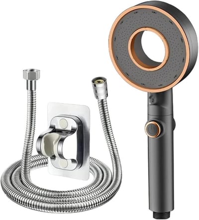 Douchekop met slang-douchekop met slang en wandhouder-Huishoudelijke handdouche met holle straal - drie-snelheden booster - badkamerdouche-uitrusting - filter - 1,5M slang - grijs set - 20x10cm
