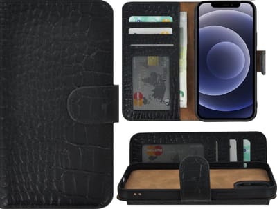 Pearlycase Hoesje Geschikt voor Iphone 12 Mini Hoesje - Leder Bookcase - 12 Mini Book Case Wallet Echt Leer Croco Zwart Cover