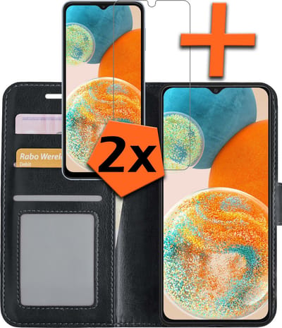 Hoes - Met 2x Screenprotector - Geschikt voor Samsung Galaxy A23 - Luxe Pasjeshouder - Bookcase Portemonee - Flip Case - Kunstleer Book Case - Flipcase Hoes - Book Cover - Walletcase - PortemonneeHoes - Zwart