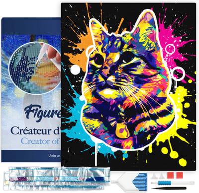 Figured'Art Diamond Painting set Volwassenen 40x50 cm met lijst Kat Splash Pop Art - 5D DIY Art full drill vierkante diamant - Canvas al ingelijst