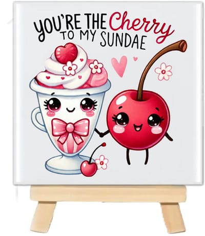 Tegeltje met tekst en schattig Kawaii food - You are the Cherry to my Sunday - 10x10cm - inclusief houten standaard