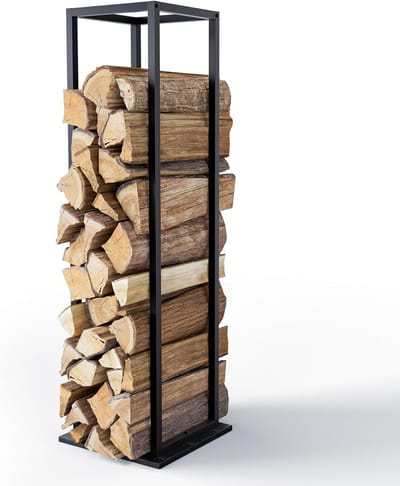Haardhoutrek Metaal - Houtopslag Open Haard - Haardhout Opslag - Ruimtebesparend Verticaal - 33x33x112 cm - Zwart