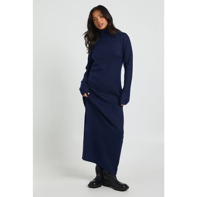 boohoo Dames Petite Super Soft Hoge Hals Gebreide Maxi Jurk | Marineblauw | Maat: Small