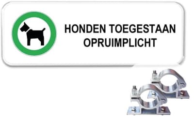 Bord honden toegestaan met opruimplicht - Weerbestendig Aluminium - 40x15 cm - Bevestiging: Met paalbeugels Ø48mm