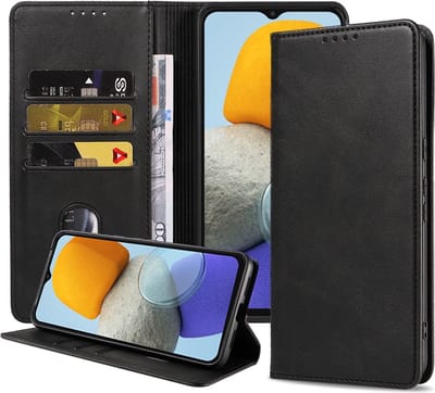 Smartphonica Telefoonhoesje geschikt voor Samsung Galaxy M23 5G kunstleren Hoesje met Magnetische sluiting en Pasjeshouders Book Case met Klepje - Zwart geschikt voor Samsung Galaxy M23
