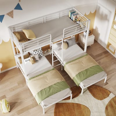 REDOM Stapelbed 90x200 cm van metaal – 3 slaapplaatsen met tafelblad – Wit – Met ladder en veiligheidshek