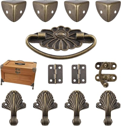Allecto Premium - Sieradendoos DIY Kit Antiek Brons - Houten Koffer Sieradenborst - Opbergdoos met Antiek Slot - Handvat en Hoekbeschermers