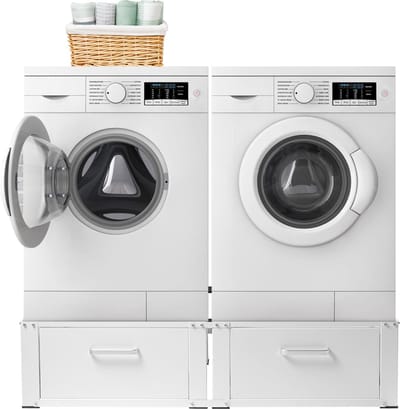 Vonia Wasmachine verhoger - Dubbel - Wasmachine en Droger Verhoger - Wasmachine Verhoger met Lade - Wasmachine Kast - Wasmachine ombouw - Wit
