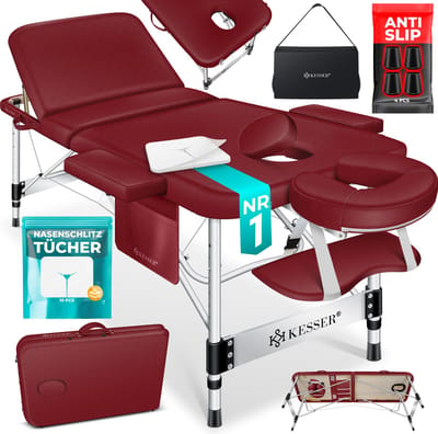 KESSER® Massagetafel inklapbaar 180x61x90cm | Behandeltafel 225kg Draagvermogen & In Hoogte Verstelbaar | Mobiele Massagebank 3-Zone | Aluminium Massagebed met Hoofdsteunen Armsteunen & opbergtas - Bordeaux