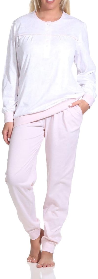 Elegante damespyjama met manchetten in Paysley-dessin en knoopsluiting aan de hals