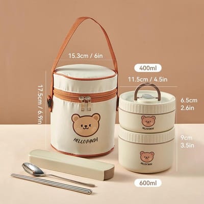 WORTHBUY Boîte à lunch isotherme en acier inoxydable 304 avec ours mignon pour enfants et adultes Boîte à bento portable pour micro-ondes Contenant alimentaire anti-fuite beige