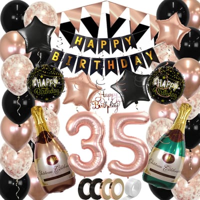 35 Jaar Feest Verjaardag Versiering Confetti Helium Ballonnen Slingers Happy Birthday Rose Goud & Zwart XL SET – 60 Stuks