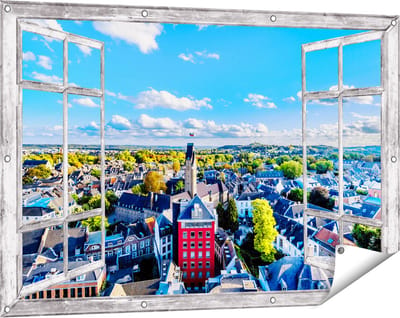 Gards Tuinposter Doorkijk Maastricht Stad met Huizen - 120x80 cm - Tuindoek - Tuindecoratie - Wanddecoratie buiten - Tuinschilderij